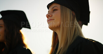 Buy stock photo College, outdoor and woman with celebration, graduation and achievement with education. Campus, people and student with university ceremony, event and success with scholarship and congratulations