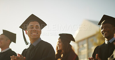 Buy stock photo College, students and applause for grades, ceremony or celebration of milestone or academic success. University, achievement and people with robes for event, education or clapping for finished course