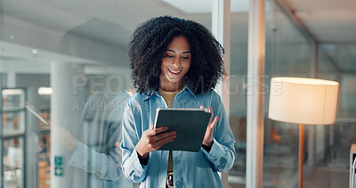 Smile, tablet and scroll with business woman in office for planning, magazine editor and research. Media publication, website and article feedback with person in creative agency for newsletter draft