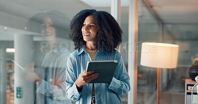 Buy stock photo Thinking, glass and tablet with business woman in office for reflection, article fact check and review. Journalist vision, planning and research with person in news agency for perspective and project