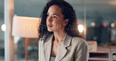 Buy stock photo Business, night and woman in office, thinking and problem solving with creative agency, ideas and choice. Evening, person and journalist in workplace, planning and decision with magazine editor