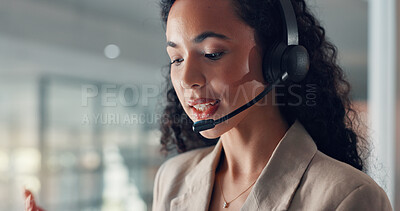 Buy stock photo Woman, agent and tablet with headset for online sale or business telemarketing in office. Female person, consultant or salesperson with technology or mic for affiliate marketing advice in workplace