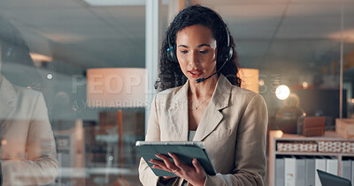 Buy stock photo Business woman, agent and tablet with headset for online sale or telemarketing in office. Female person, consultant or salesperson with technology or mic for affiliate marketing advice in workplace