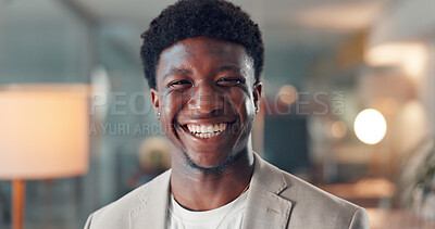 Buy stock photo Portrait, business and black man in office at night for career pride, finance advisor and investment. Smile, male person and about us as consultant, financial ambition and overtime of risk management