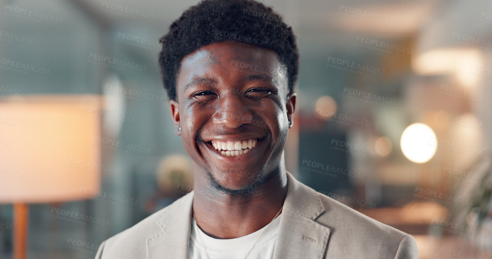 Buy stock photo Portrait, business and black man in office at night for career pride, finance advisor and investment. Smile, male person and about us as consultant, financial ambition and overtime of risk management