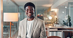 Portrait, corporate and black man in office at night of career pride, finance advisor and ambition. Smile, male person and about us as consultant, financial experience and overtime of risk management