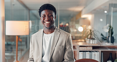 Buy stock photo Portrait, corporate and black man in office at night of career pride, finance advisor and ambition. Smile, male person and about us as consultant, financial experience and overtime of risk management