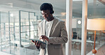 Black man, headset and tablet in office for consultation, insurance information or customer support. Finance consultant, tech or contact in business for problem solving, loan feedback or advice