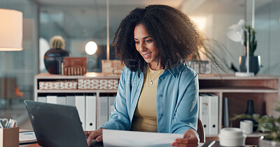 Buy stock photo Happy, employee and woman with laptop, office and working late for data entry, paperwork and online. Night, accountant and African person with financial report, smile or review document in business