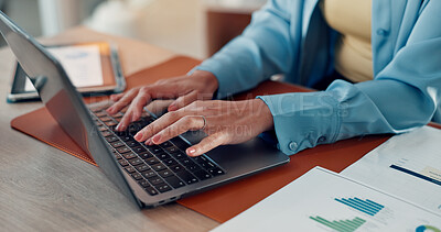 Buy stock photo Hands, documents and businesswoman typing on laptop for finance report, data analysis or forecasting. Financial analyst, employee and tech with graphs in office for risk assessment and market trends