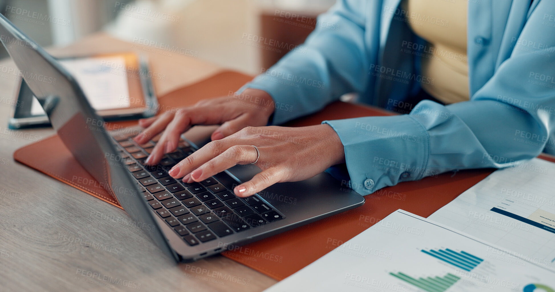 Buy stock photo Hands, documents and businesswoman typing on laptop for finance report, data analysis or forecasting. Financial analyst, employee and tech with graphs in office for risk assessment and market trends