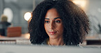 Computer, reading and business woman in office for content writing, review article or think at night. Tech, overtime and African copywriter with inspiration for blog, email campaign and research