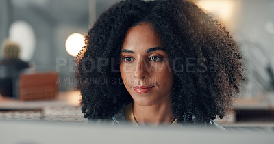 Buy stock photo Computer, reading and business woman in office for content writing, review article or think at night. Tech, overtime and African copywriter with inspiration for blog, email campaign and research
