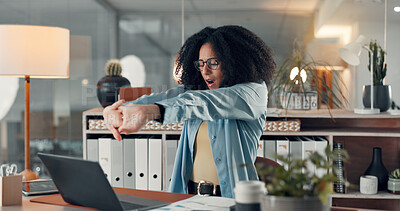 Buy stock photo Tired, night and woman in office, stretching and laptop with fatigue, graphs and financial agency. Person, evening or employee with burnout, exhausted and company profit audit with charts and yawning