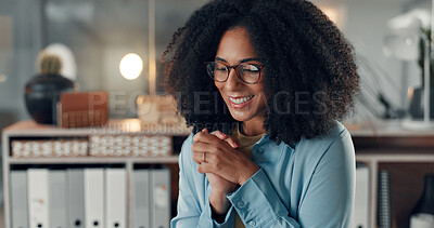 Buy stock photo Happy, winning and businesswoman in office at night with good news, job promotion and achievement. Smile, positive feedback and creative director with article project for publishing in workplace.