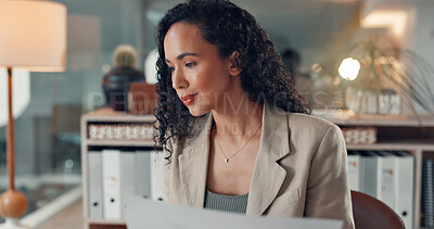 Buy stock photo Accounting, documents and finance with business woman in office for report, research or review. Financial, paperwork and reading with happy accountant in corporate workplace for wealth management