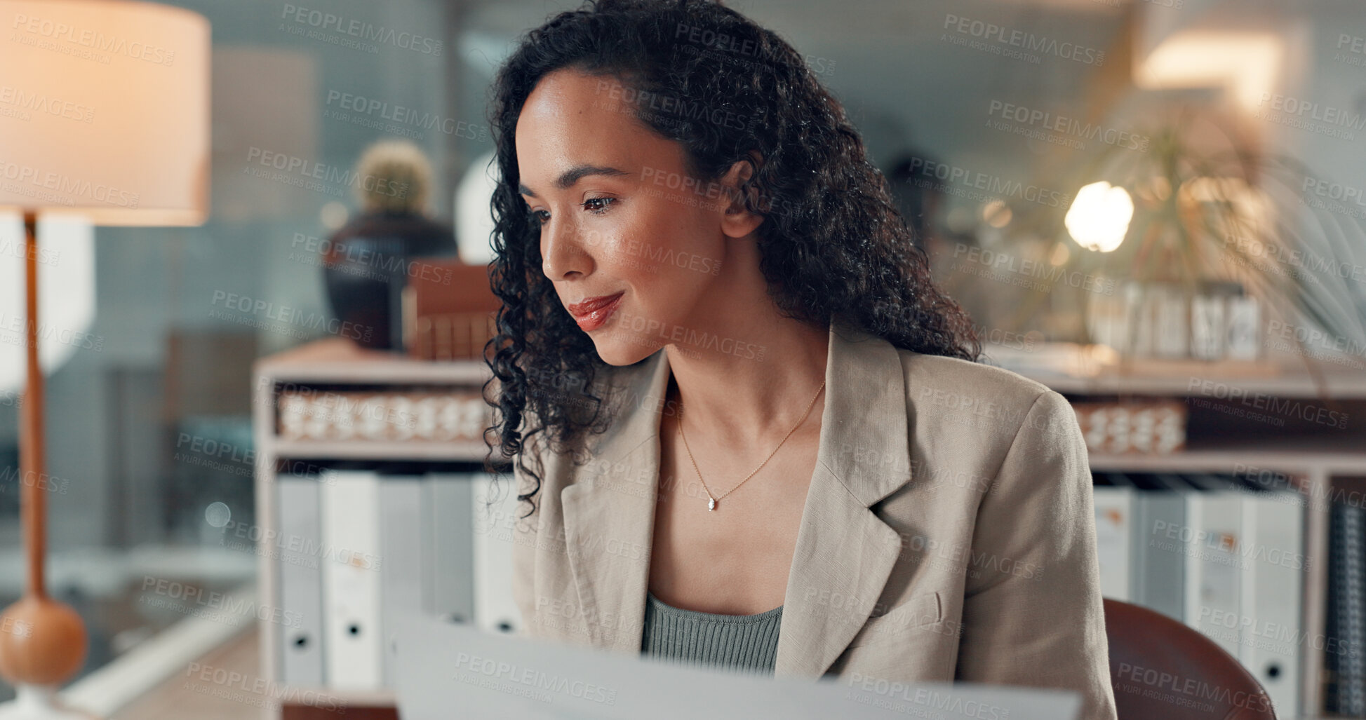 Buy stock photo Accounting, documents and finance with business woman in office for report, research or review. Financial, paperwork and reading with happy accountant in corporate workplace for wealth management