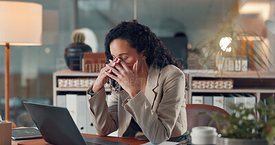 Buy stock photo Tired, business and woman with laptop in office for administration, work pressure and burnout. Fatigue, person and discomfort with vertigo, employee eye strain and overwhelmed for project management