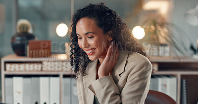 Buy stock photo Happy, business woman and night with good news for task completion, done or finished in office. Excited, female person or administrator with smile for deadline success, bonus achievement or promotion