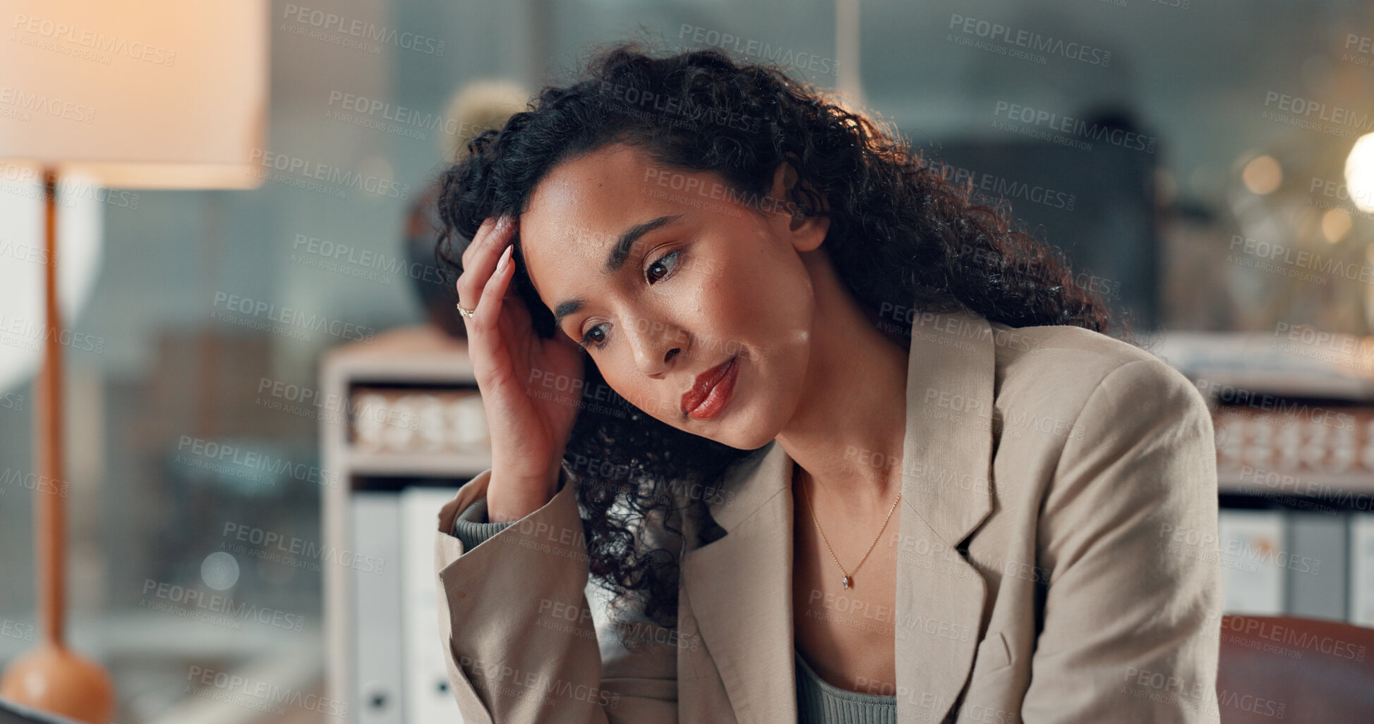 Buy stock photo Stress, business and woman in office at night with vision, problem solving and headline mistake. Thinking, female journalist and reflection for working late, article decision and publication solution