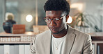Thinking, black man and night in office with accountant, financial manager and idea with bokeh. Reflection, glasses and business person with computer, overtime research and administration agency