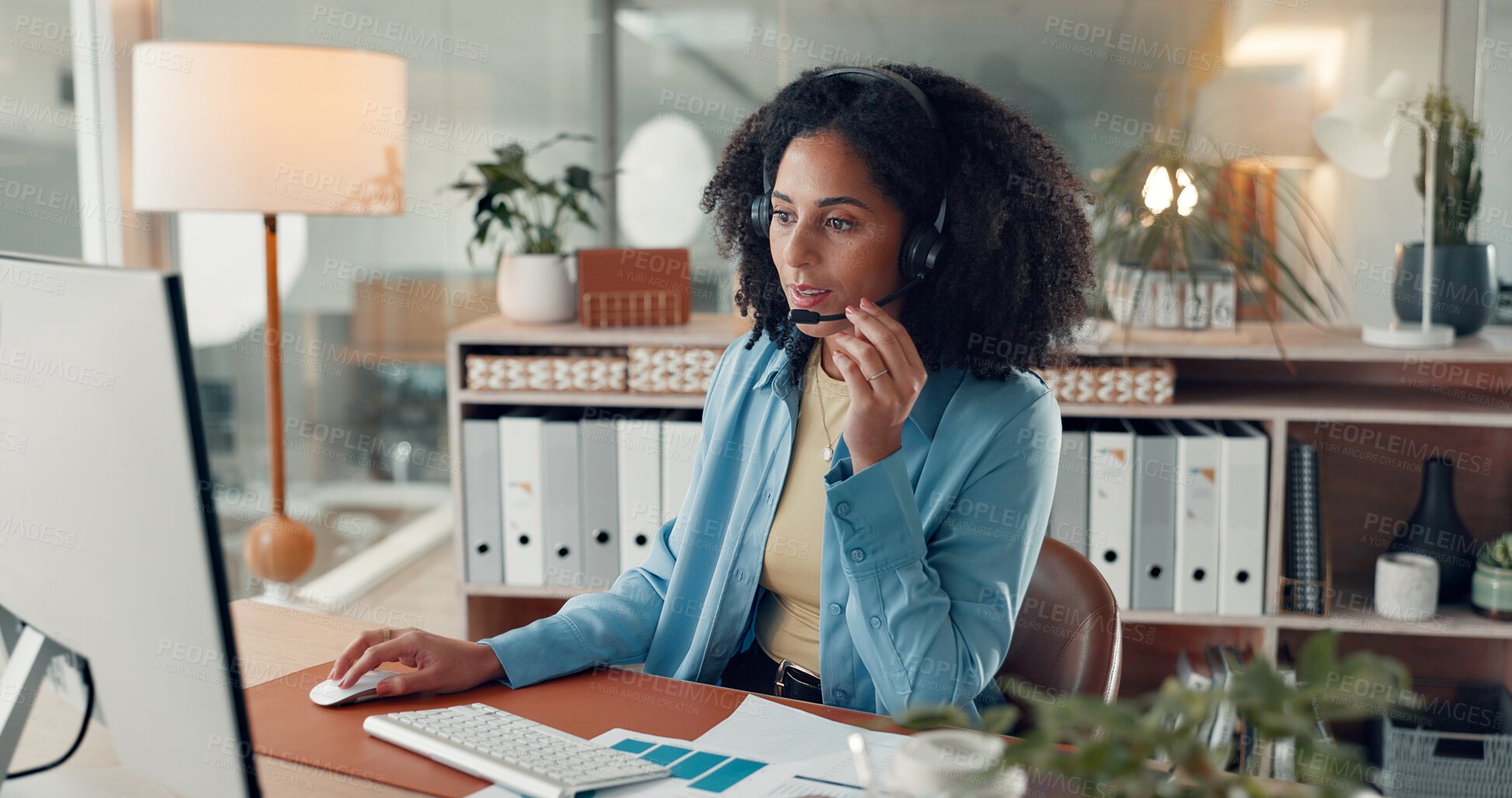 Buy stock photo Telemarketing, contact and woman in office with headset, support and advice in crm management. Productivity, corporate and consultant in agency with tech, online assistance or feedback in client call
