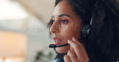 Buy stock photo Business woman, consultant or headset with mic in call center for customer service or online advice. Female person, agent or employee consulting on technology for virtual assistance or help in office
