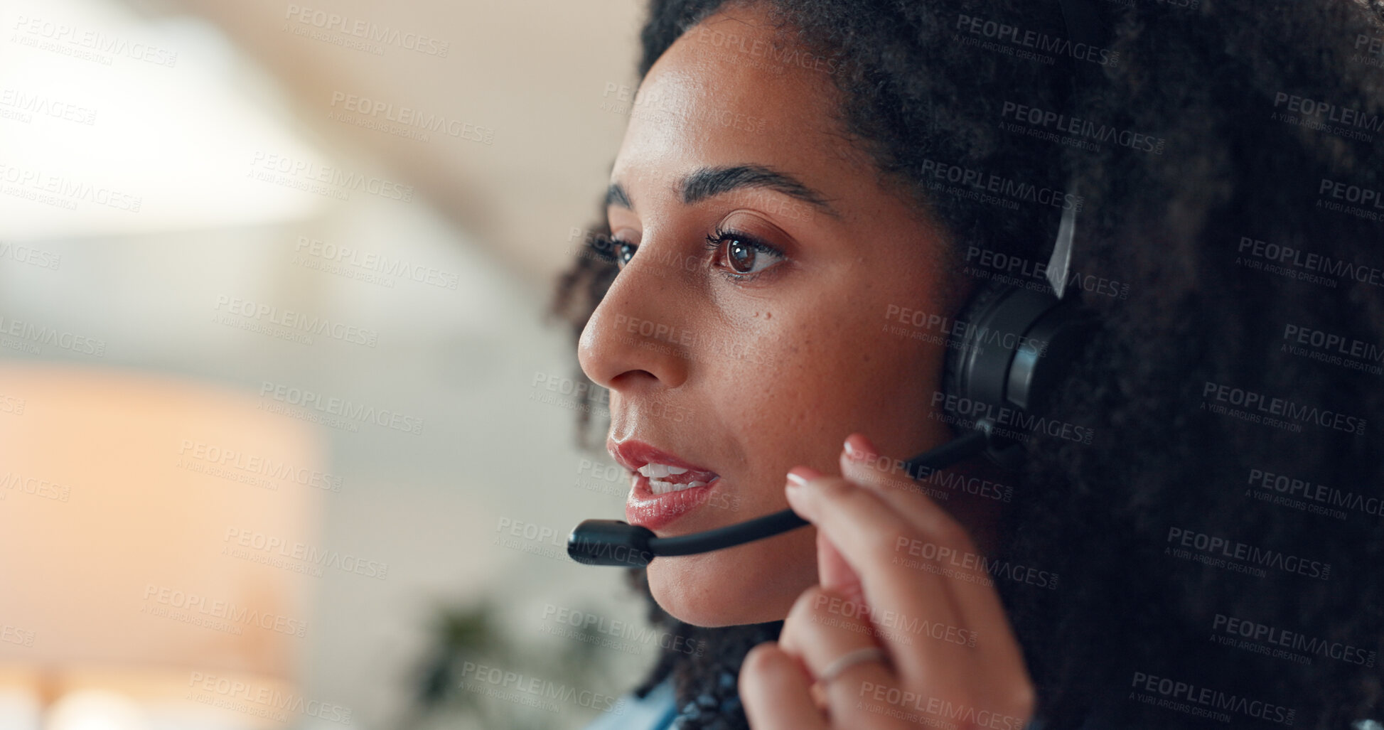 Buy stock photo Business woman, consultant or headset with mic in call center for customer service or online advice. Female person, agent or employee consulting on technology for virtual assistance or help in office