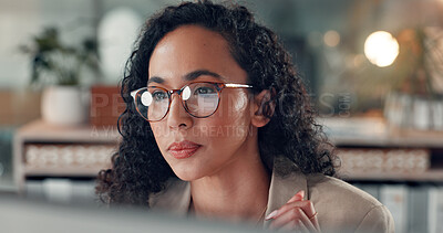 Buy stock photo Woman, glasses reflection and research in business for internet report, proofreading and editing. Publishing office, journalist and tech screen for article review, submission and publication at night