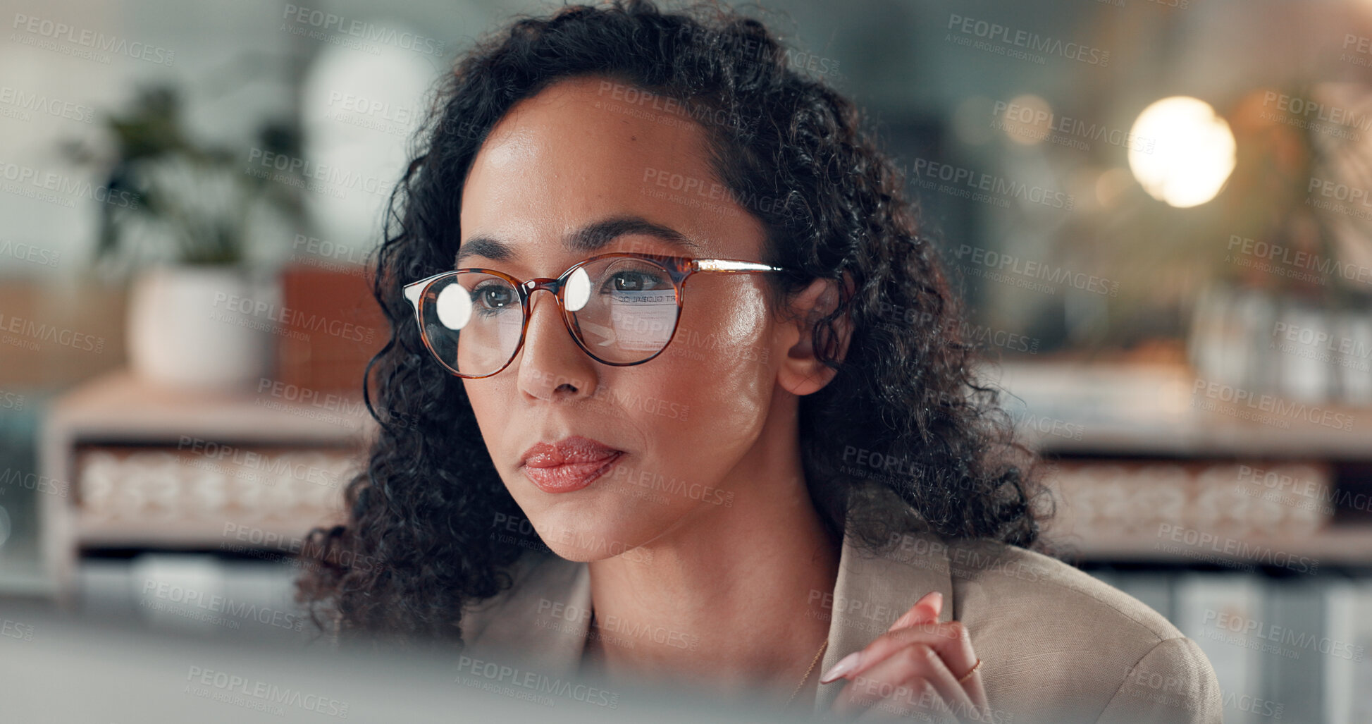 Buy stock photo Woman, glasses reflection and research in business for internet report, proofreading and editing. Publishing office, journalist and tech screen for article review, submission and publication at night