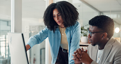 Buy stock photo Help, computer and business people in office, conversation and financial agency with profit growth. Employees, man and woman in workplace, pc and research for stock market, discussion and coaching