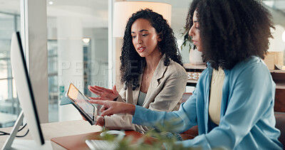 Buy stock photo Business, help and women in office, tablet and teamwork with financial agency, feedback and coaching. Mentor, people and employees with tech, discussion and internet for stock market exchange and app