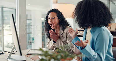 Buy stock photo Happy women, applause or team winning with computer for good news, celebration or promotion. Female people, employees or excited colleagues clapping with smile for bonus or business success in office