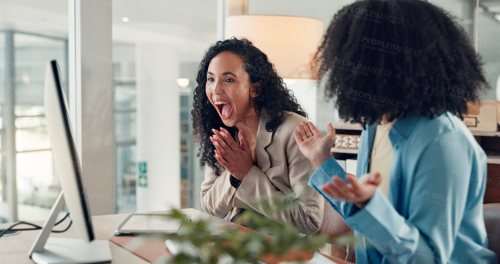 Buy stock photo Happy women, applause or team winning with computer for good news, celebration or promotion. Female people, employees or excited colleagues clapping with smile for bonus or business success in office