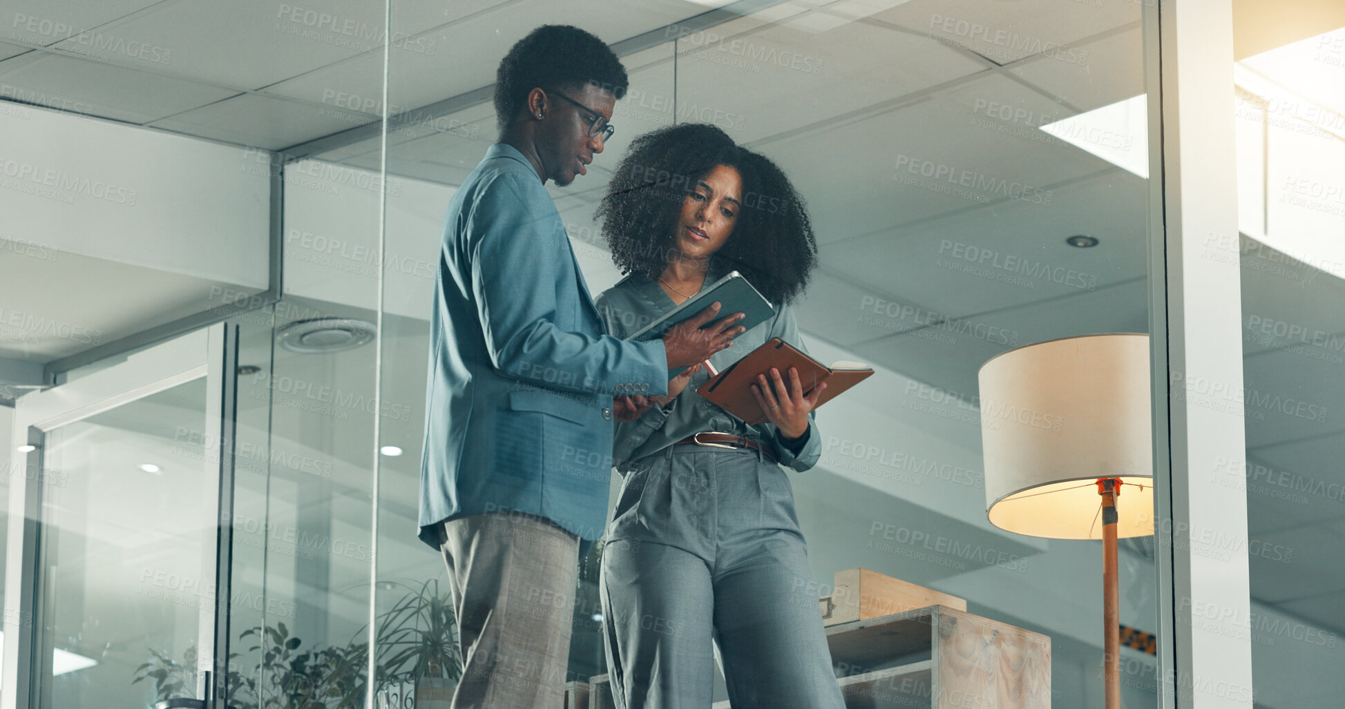 Buy stock photo Business, help and people with tablet, planning and below with financial agency, feedback and mentor. Coaching, notebook and employees with tech, conversation and internet for stock market exchange