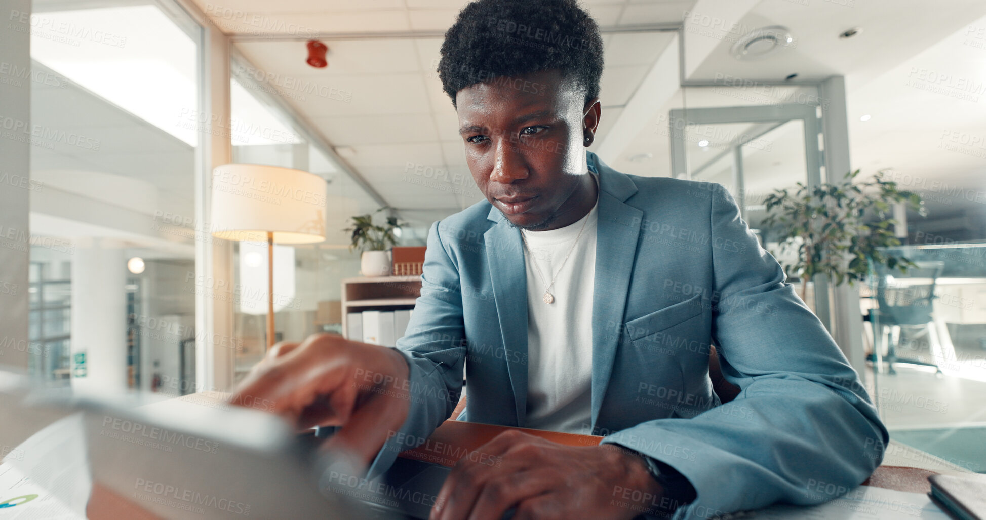 Buy stock photo Business, laptop and black man in office, online reading or financial agency for investment portfolio. African person, investor or employee in workplace, computer or email for trading or stock market