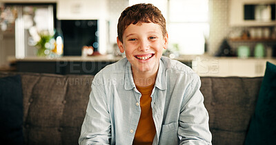 Buy stock photo Portrait, smile and child on couch in living room, summer break and relax for positive attitude. Happy, cheerful face and sitting preteen boy in apartment on sofa, rest and comfortable in house.