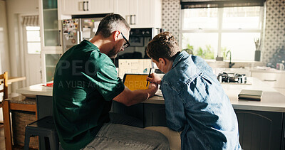 Buy stock photo Homework, tablet and dad with child in home for help with elearning, education and lesson on website. Family, stylus and father with son on digital tech for online learning, assessment or studying