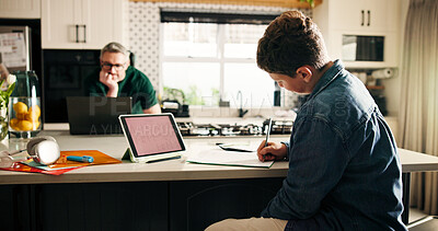 Buy stock photo Education, tablet screen and boy writing in kitchen with remote work dad for learning or startup. Development, small business or study with father and son in apartment for assignment or project