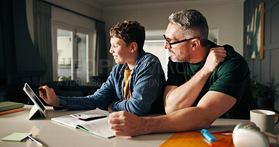 Buy stock photo Tablet, math and help with father and son in kitchen for learning app, education or teaching. Growth, online school schedule and support with man and kid in family home for reading and homework