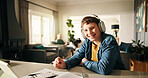 Homework, tablet and boy with headphones, portrait and elearning with audio, calculator and maths. Happy, education and knowledge with online course, notes and studying with asmr sound and smile