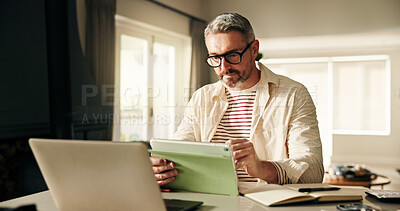 Buy stock photo Remote work, business man and tablet in home office for article review, blog editing and research. Freelance writer, mature person and tech at desk for manuscript revision and proofreading submission