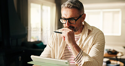 Buy stock photo Remote work from home, thinking and man with tablet, pen and planning for creative project. Artist, entrepreneur and mature person with tech, decision and freelancer with ideas, app and online design