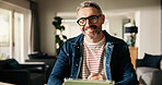 Portrait, freelancer and man with tablet, house and graphic designer with project, happy and online. Remote work, creative and mature person with tech for digital design, employee and smile in home