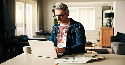 Buy stock photo Remote work from home, laptop and man with charts, internet and risk management. Apartment, pc and mature person with profit increase, finance report and email with schedule update or budget proposal