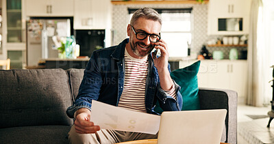 Buy stock photo Happy, phone call and man with laptop, home or freelancer with positive feedback, talking or online. Remote work, accountant and mature person with mobile for financial advice and data on document