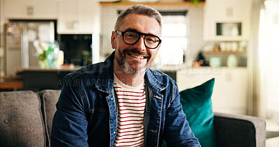 Buy stock photo Portrait, smile and mature man on sofa for relax, peace and calm on weekend break in living room. Glasses, happy person and chilling in home for staycation, wellness and confidence in New Zealand