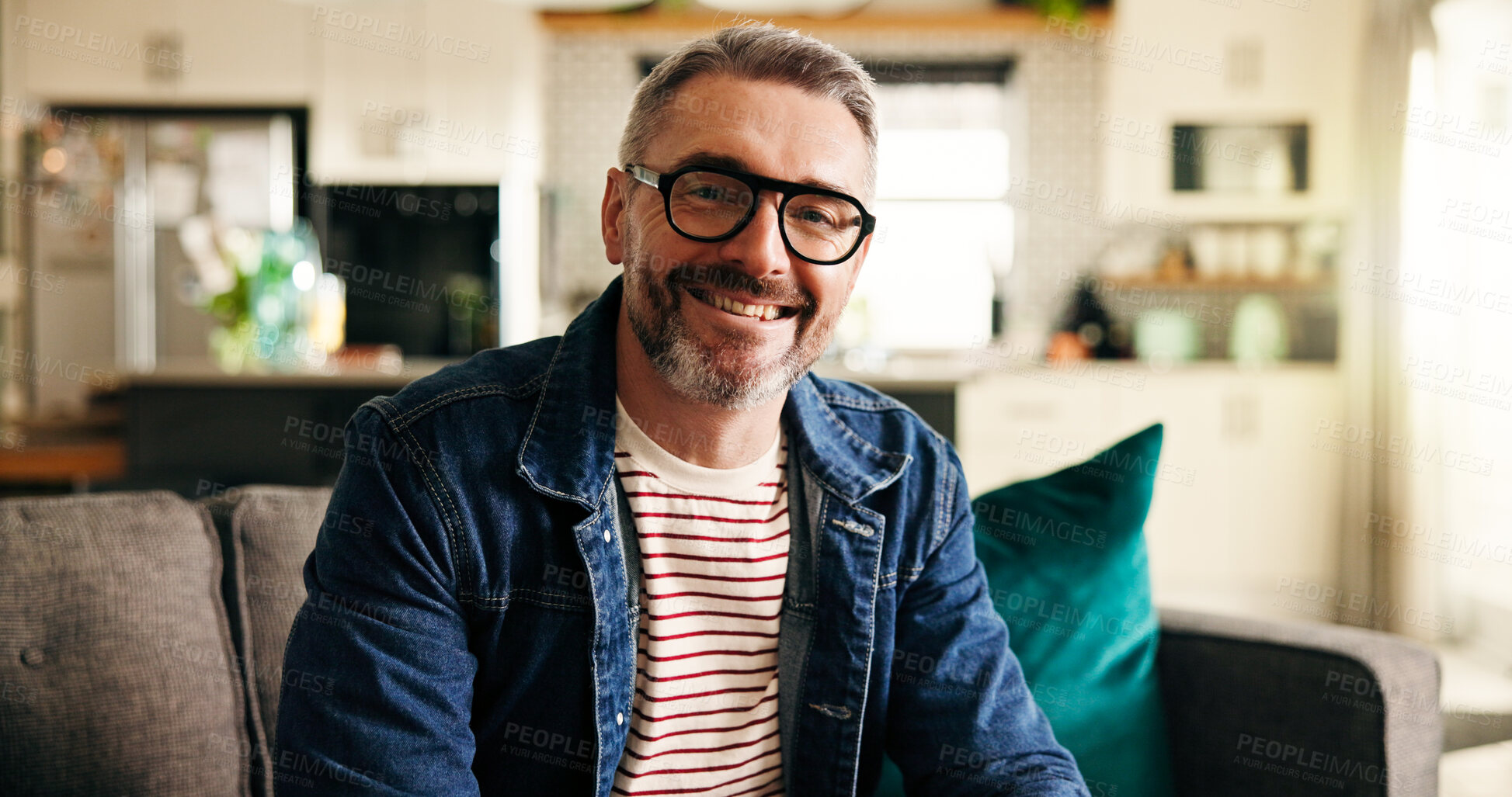 Buy stock photo Portrait, smile and mature man on sofa for relax, peace and calm on weekend break in living room. Glasses, happy person and chilling in home for staycation, wellness and confidence in New Zealand