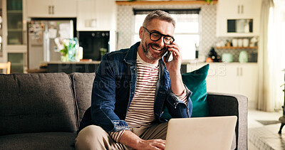 Buy stock photo Online, phone call and man with laptop, home or freelancer with financial advice, freelance or chat. Remote work, account manager and mature person with mobile for communication, smile and discussion