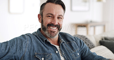 Buy stock photo Smile, man and rest with portrait at house for peace, start day and comfortable of weekend break. Mature male person, happy and chilling on couch for free time, cozy afternoon and unwind for wellness
